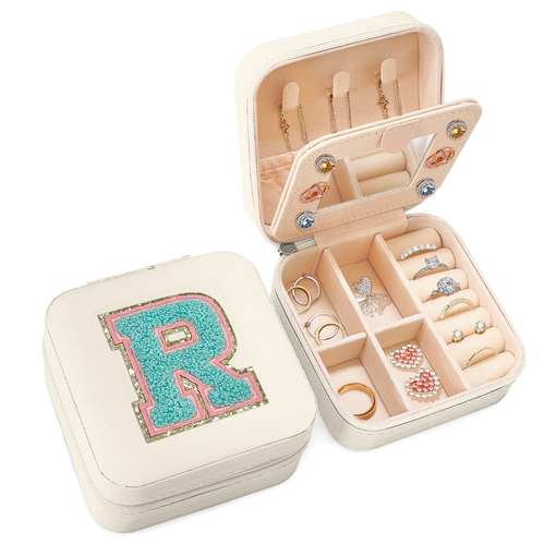 Personalized Jewelry Box, White Travel Jewelry Box with Initial R, Small Monogrammed Jewelry Case Organizer for Girls Women Teen Kids, Mini Travel Essentials Gifts for Birthday Christmas