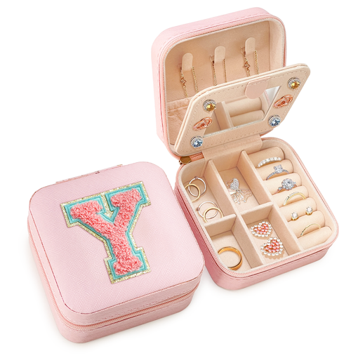 Personalized Jewelry Box, Pink Travel Jewelry Box with Initial Y, Small Monogrammed Jewelry Case Organizer for Girls Women Teen Kids, Mini Travel Essentials Gifts for Birthday Christmas