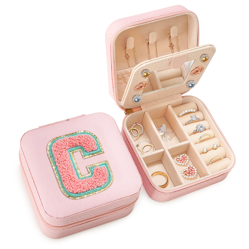 Personalized Jewelry Box, Pink Travel Jewelry Box with Initial C, Small Monogrammed Jewelry Case Organizer for Girls Women Teen Kids, Mini Travel Essentials Gifts for Birthday Christmas