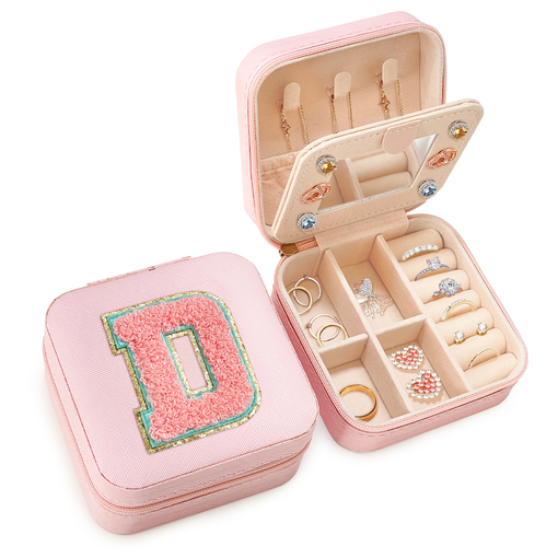 Personalized Jewelry Box, Pink Travel Jewelry Box with Initial D, Small Monogrammed Jewelry Case Organizer for Girls Women Teen Kids, Mini Travel Essentials Gifts for Birthday Christmas