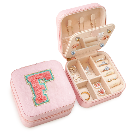 Personalized Jewelry Box, Pink Travel Jewelry Box with Initial F, Small Monogrammed Jewelry Case Organizer for Girls Women Teen Kids, Mini Travel Essentials Gifts for Birthday Christmas