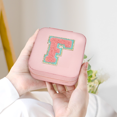 Personalized Jewelry Box, Pink Travel Jewelry Box with Initial F, Small Monogrammed Jewelry Case Organizer for Girls Women Teen Kids, Mini Travel Essentials Gifts for Birthday Christmas