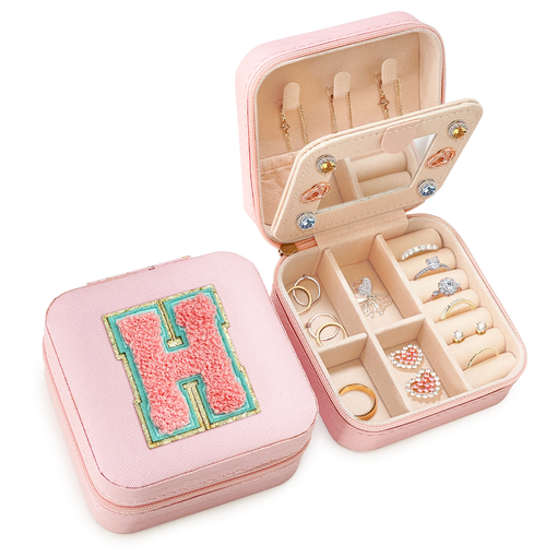 Personalized Jewelry Box, Pink Travel Jewelry Box with Initial H, Small Monogrammed Jewelry Case Organizer for Girls Women Teen Kids, Mini Travel Essentials Gifts for Birthday Christmas