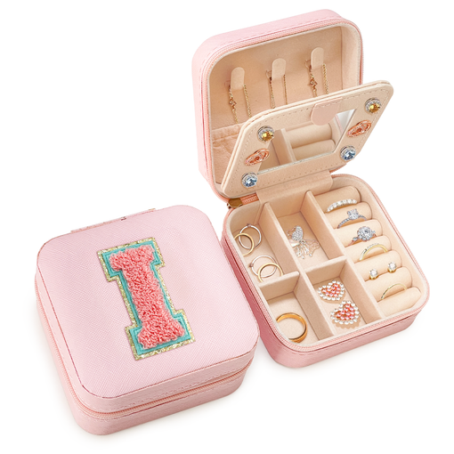 Personalized Jewelry Box, Pink Travel Jewelry Box with Initial I, Small Monogrammed Jewelry Case Organizer for Girls Women Teen Kids, Mini Travel Essentials Gifts for Birthday Christmas