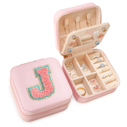 Personalized Jewelry Box, Pink Travel Jewelry Box with Initial J, Small Monogrammed Jewelry Case Organizer for Girls Women Teen Kids, Mini Travel Essentials Gifts for Birthday Christmas