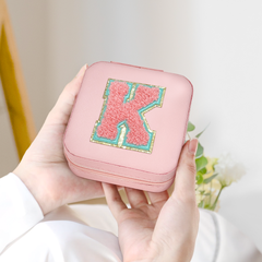 Personalized Jewelry Box, Pink Travel Jewelry Box with Initial K, Small Monogrammed Jewelry Case Organizer for Girls Women Teen Kids, Mini Travel Essentials Gifts for Birthday Christmas