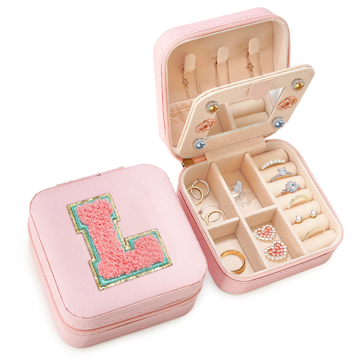 Personalized Jewelry Box, Pink Travel Jewelry Box with Initial L, Small Monogrammed Jewelry Case Organizer for Girls Women Teen Kids, Mini Travel Essentials Gifts for Birthday Christmas