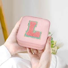 Personalized Jewelry Box, Pink Travel Jewelry Box with Initial L, Small Monogrammed Jewelry Case Organizer for Girls Women Teen Kids, Mini Travel Essentials Gifts for Birthday Christmas