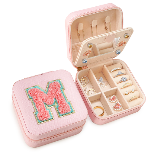 Personalized Jewelry Box, Pink Travel Jewelry Box with Initial M, Small Monogrammed Jewelry Case Organizer for Girls Women Teen Kids, Mini Travel Essentials Gifts for Birthday Christmas