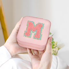 Personalized Jewelry Box, Pink Travel Jewelry Box with Initial M, Small Monogrammed Jewelry Case Organizer for Girls Women Teen Kids, Mini Travel Essentials Gifts for Birthday Christmas
