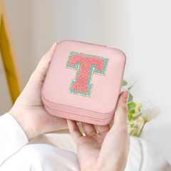 Personalized Jewelry Box, Pink Travel Jewelry Box with Initial T, Small Monogrammed Jewelry Case Organizer for Girls Women Teen Kids, Mini Travel Essentials Gifts for Birthday Christmas
