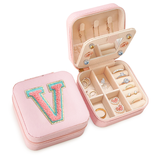 Personalized Jewelry Box, Pink Travel Jewelry Box with Initial V, Small Monogrammed Jewelry Case Organizer for Girls Women Teen Kids, Mini Travel Essentials Gifts for Birthday Christmas