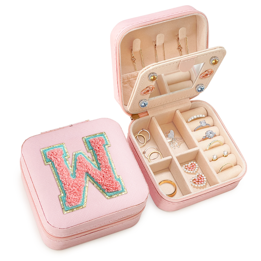 Personalized Jewelry Box, Pink Travel Jewelry Box with Initial W, Small Monogrammed Jewelry Case Organizer for Girls Women Teen  Kids, Mini Travel Essentials Gifts for Birthday Christmas