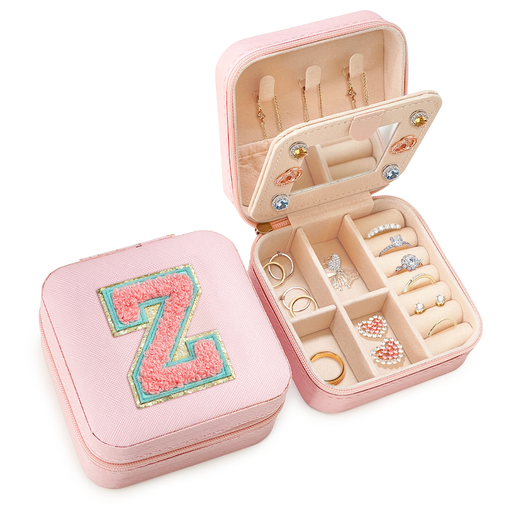 Personalized Jewelry Box, Pink Travel Jewelry Box with Initial Z, Small Monogrammed Jewelry Case Organizer for Girls Women Teen Kids, Mini Travel Essentials Gifts for Birthday Christmas