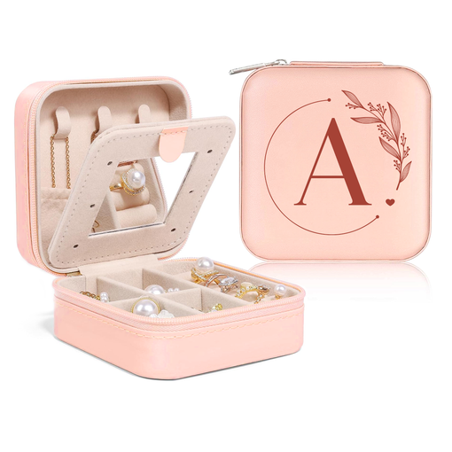 Personalized Jewelry Box, Pink Small Travel Jewelry Box with Initial A, Monogrammed Jewelry Case Organizer for Girls Women Teen, Mini Travel Essentials Gifts for Christmas Birthday