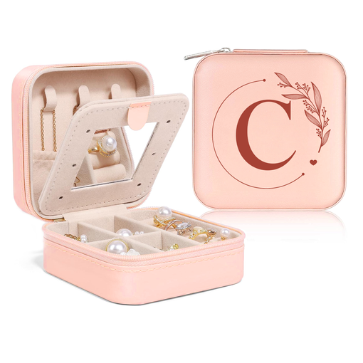 Personalized Jewelry Box, Pink Small Travel Jewelry Box with Initial C, Monogrammed Jewelry Case Organizer for Girls Women Teen, Mini Travel Essentials Gifts for Christmas Birthday