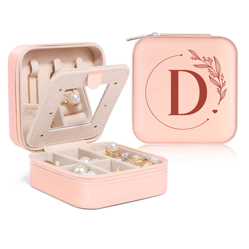 Personalized Jewelry Box, Pink Small Travel Jewelry Box with Initial D, Monogrammed Jewelry Case Organizer for Girls Women Teen, Mini Travel Essentials Gifts for Christmas Birthday