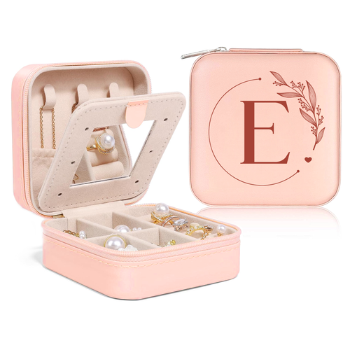 Personalized Jewelry Box, Pink Small Travel Jewelry Box with Initial E, Monogrammed Jewelry Case Organizer for Girls Women Teen, Mini Travel Essentials Gifts for Christmas Birthday