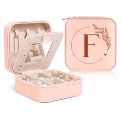 Personalized Jewelry Box, Pink Small Travel Jewelry Box with Initial F, Monogrammed Jewelry Case Organizer for Girls Women Teen, Mini Travel Essentials Gifts for Christmas Birthday