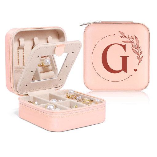 Personalized Jewelry Box, Pink Small Travel Jewelry Box with Initial G, Monogrammed Jewelry Case Organizer for Girls Women Teen, Mini Travel Essentials Gifts for Christmas Birthday