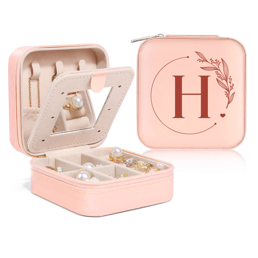 Personalized Jewelry Box, Pink Small Travel Jewelry Box with Initial H, Monogrammed Jewelry Case Organizer for Girls Women Teen, Mini Travel Essentials Gifts for Christmas Birthday