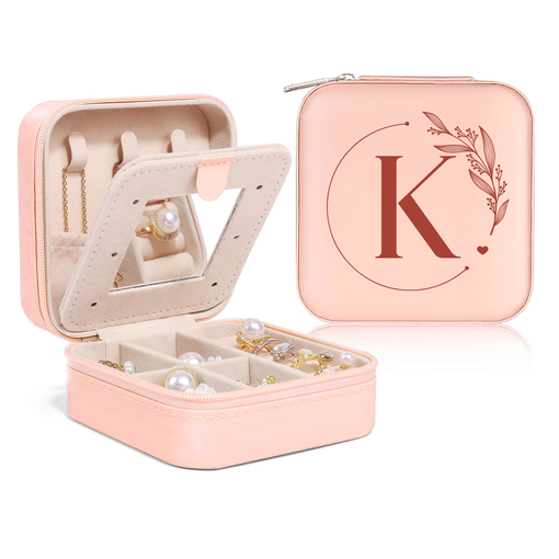 Personalized Jewelry Box, Pink Small Travel Jewelry Box with Initial K, Monogrammed Jewelry Case Organizer for Girls Women Teen, Mini Travel Essentials Gifts for Christmas Birthday