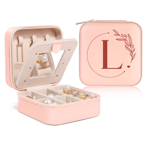 Personalized Jewelry Box, Pink Small Travel Jewelry Box with Initial L, Monogrammed Jewelry Case Organizer for Girls Women Teen, Mini Travel Essentials Gifts for Christmas Birthday