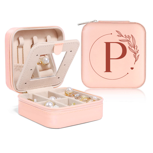 Personalized Jewelry Box, Pink Small Travel Jewelry Box with Initial P, Monogrammed Jewelry Case Organizer for Girls Women Teen, Mini Travel Essentials Gifts for Christmas Birthday