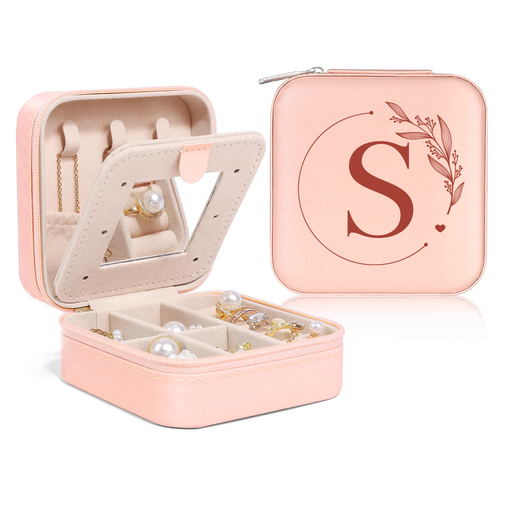 Personalized Jewelry Box, Pink Small Travel Jewelry Box with Initial S, Monogrammed Jewelry Case Organizer for Girls Women Teen, Mini Travel Essentials Gifts for Christmas Birthday