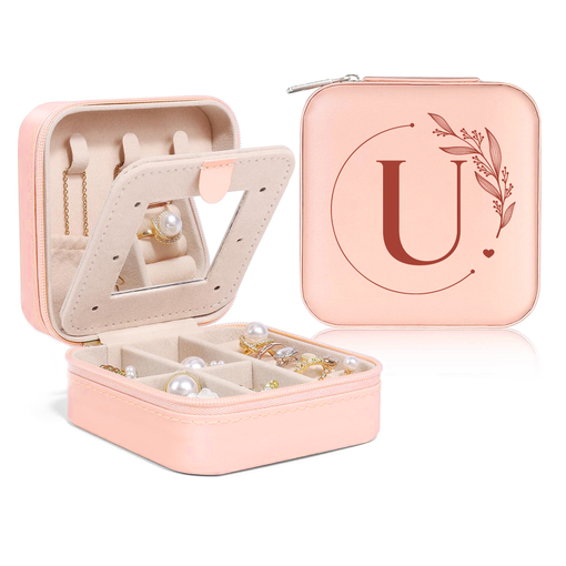 Personalized Jewelry Box, Pink Small Travel Jewelry Box with Initial U, Monogrammed Jewelry Case Organizer for Girls Women Teen, Mini Travel Essentials Gifts for Christmas Birthday