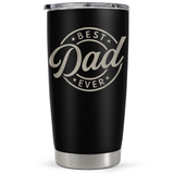 A black 20oz insulated stainless steel tumbler with 'Best Dad Ever' text and stars design on the front.