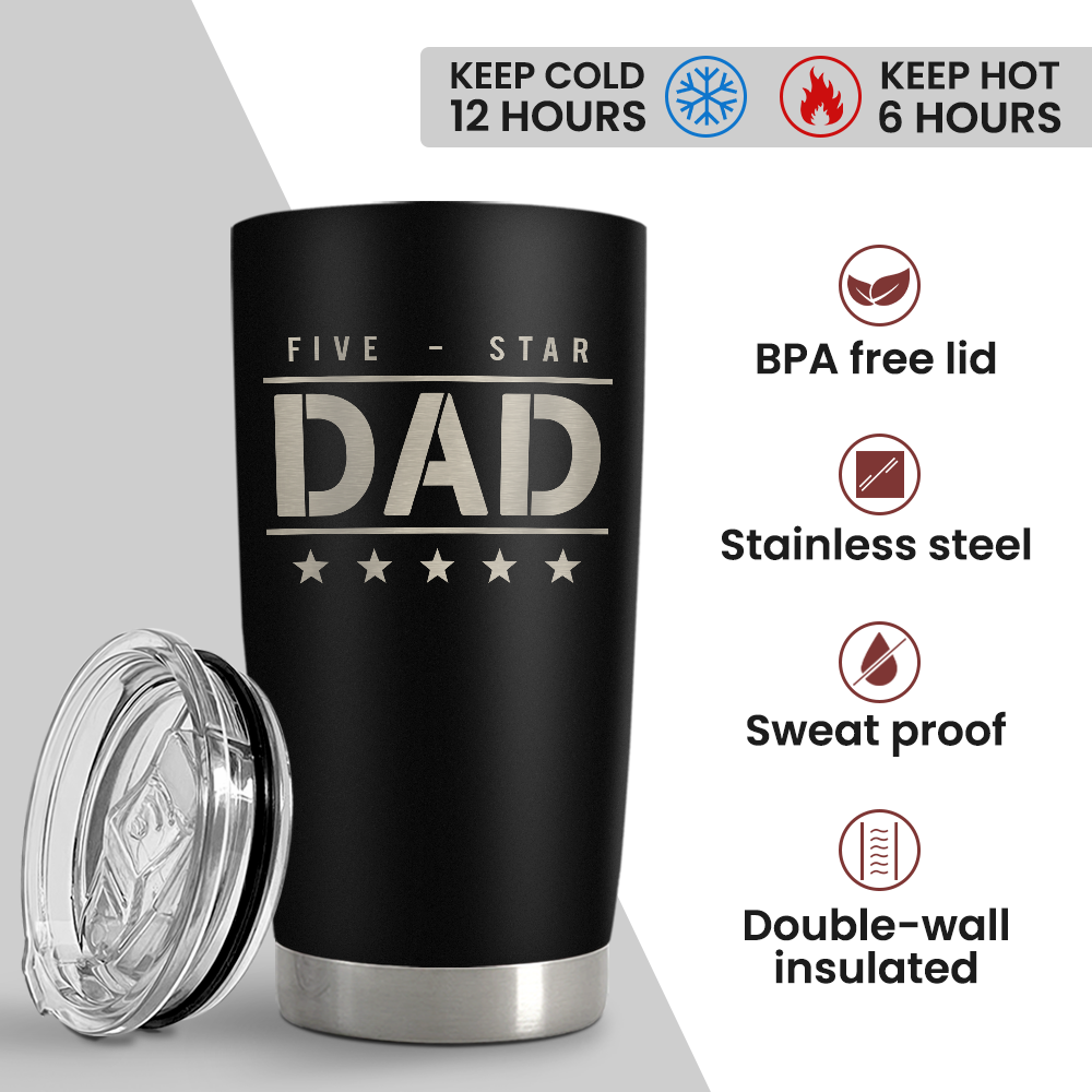 Five-star Dad Tumbler with Lid - Best Dad 20oz Insulated Stainless Steel Mug - Coffee Cup for Travel Sport Outdoor Activities Office, Gift for Birthday Father's Day