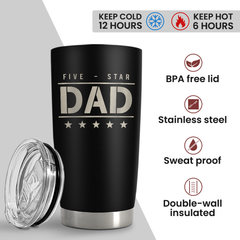Five-star Dad Tumbler with Lid - Best Dad 20oz Insulated Stainless Steel Mug - Coffee Cup for Travel Sport Outdoor Activities Office, Gift for Birthday Father's Day