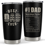 Two black stainless steel tumblers with 'Best Dad Ever' text and a list of dad-related facts on them. Each tumbler has a lid and appears to be insulated.