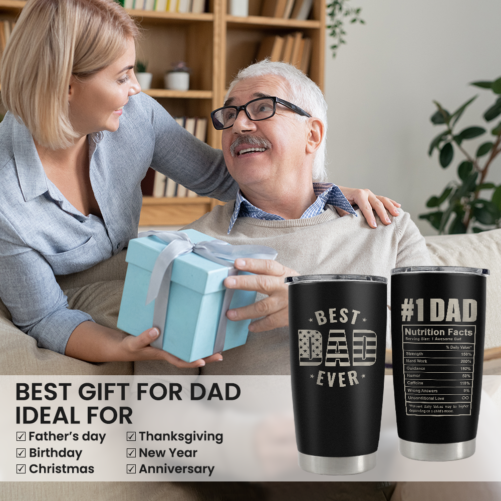 Best Dad Ever Tumbler with Lid - Dad Nutrition Facts 20oz Insulated Stainless Steel Mug - Coffee Mug for Travel Outdoor Sport Office, Gift for Father's Day, Birthday