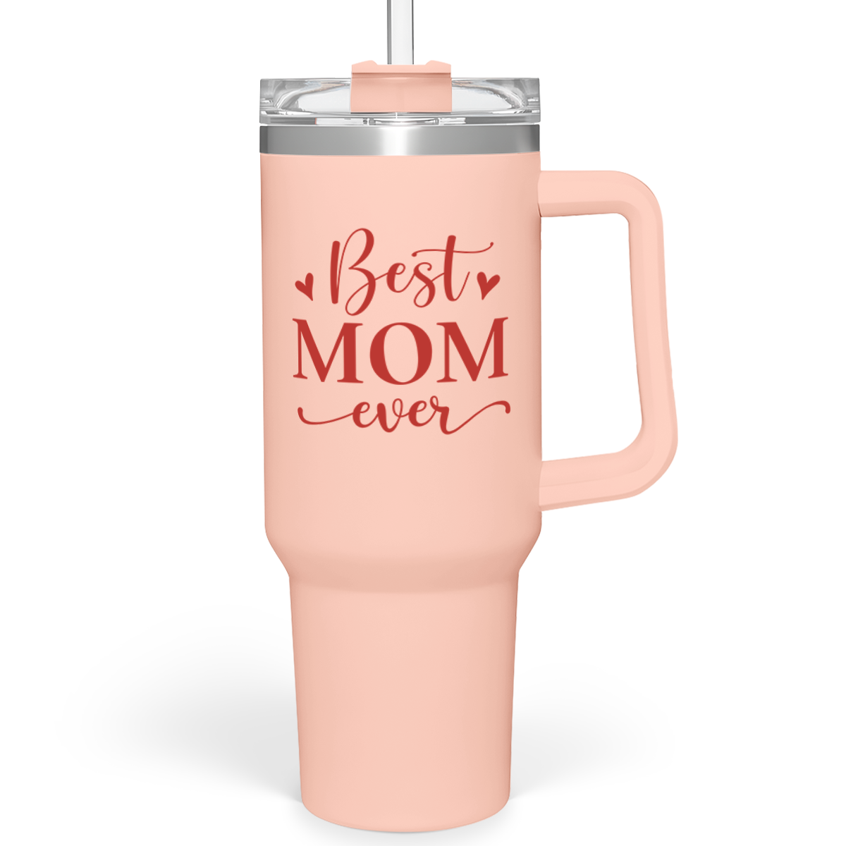 A pink stainless steel tumbler with handle, lid, and straw, featuring the text 'Best MOM ever' on the front.