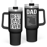 Two black stainless steel insulated tumblers with handles, one with a lid and straw, and text 'BEST DAD EVER' printed on the front.
