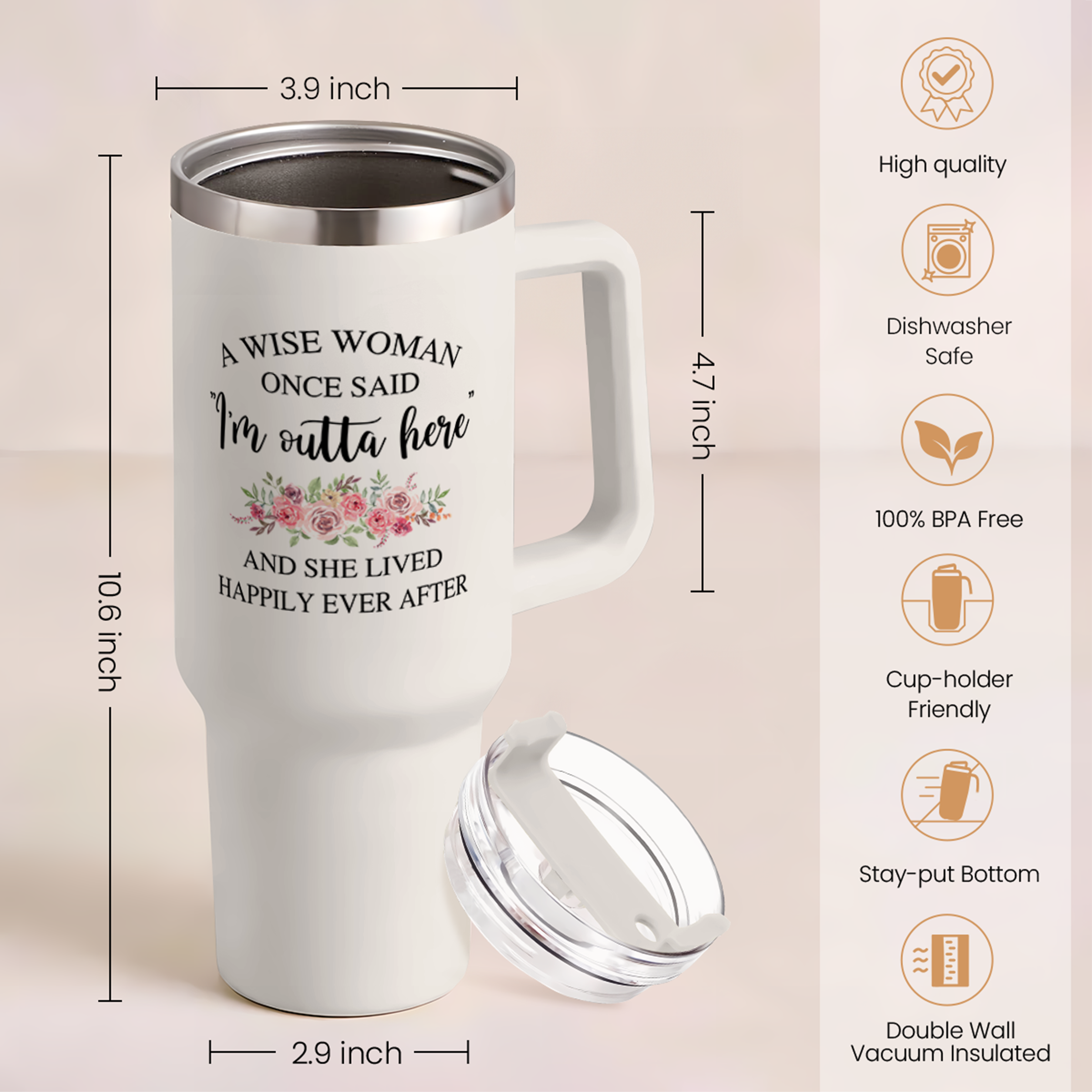 White Retirement Quencher Tumbler with Handle 40oz