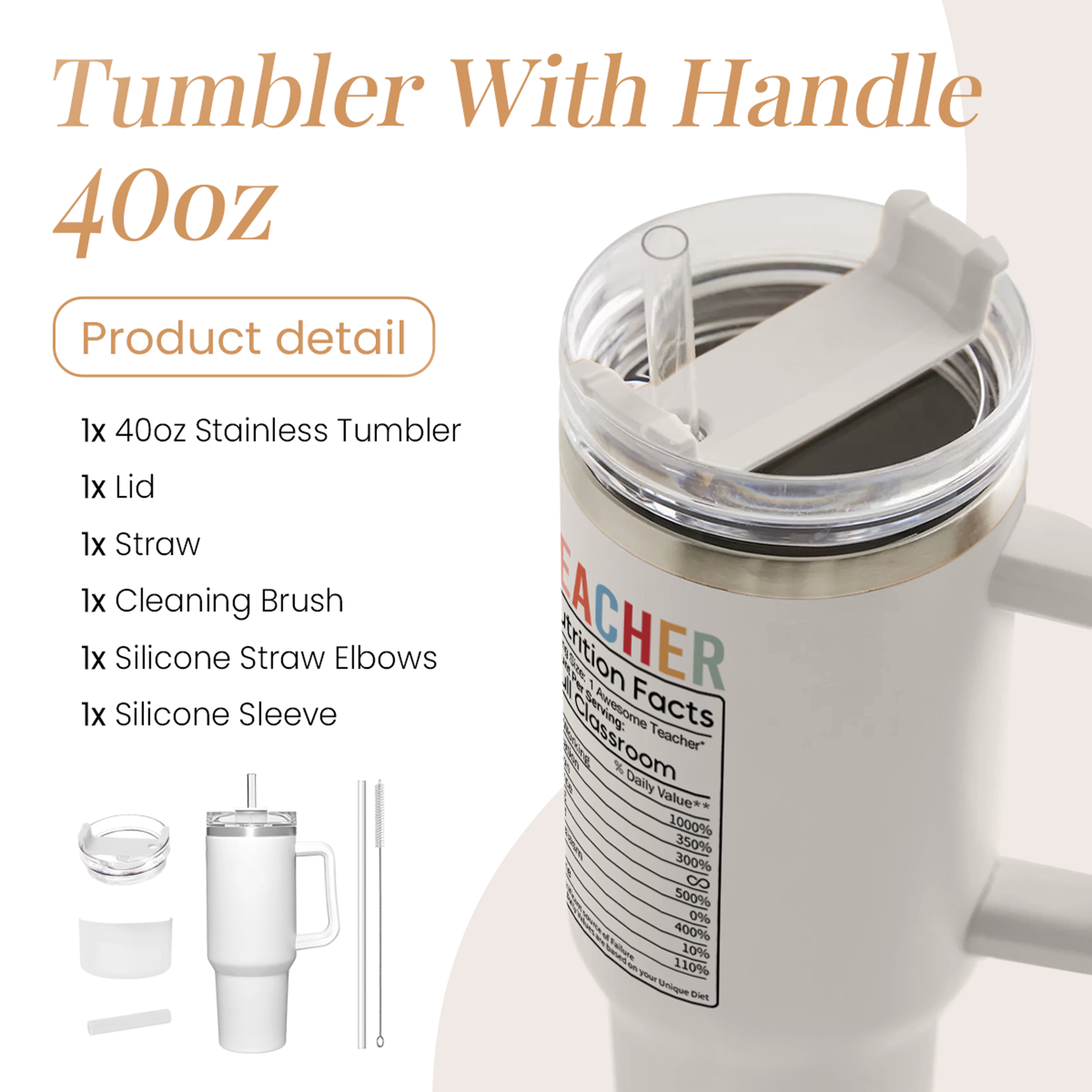 White Teacher Quencher Tumbler with Handle 40oz