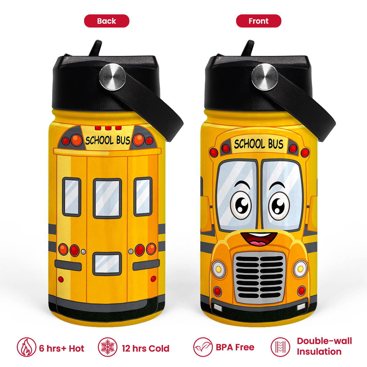 Yellow School Bus SipKid | Kids Stainless Steel Straw Lid Water Bottle 12oz