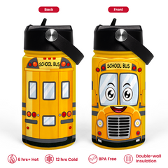 School Bus Water Bottle - Kids Water Bottle with Straw Lid - 12 Oz Insulated Stainless Steel Water Bottles for Toddlers Kid Boys - Travel Cup for School Sports
