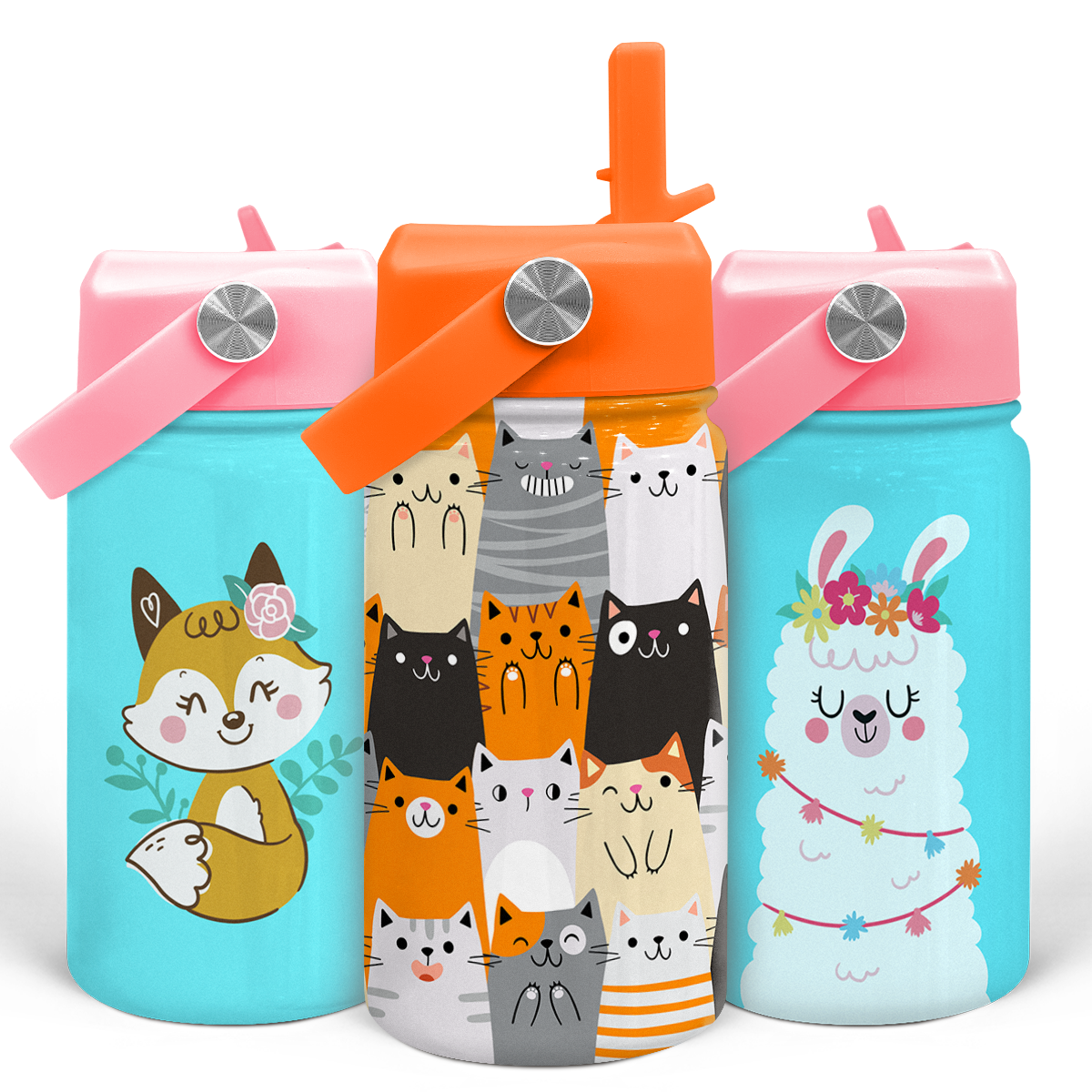 A set of three 12 oz insulated stainless steel water bottles with colorful cat-themed designs. Each bottle has a straw lid and is decorated with various cartoon cats in different colors and poses.