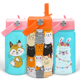 A set of three 12 oz insulated stainless steel water bottles with colorful cat-themed designs. Each bottle has a straw lid and is decorated with various cartoon cats in different colors and poses.