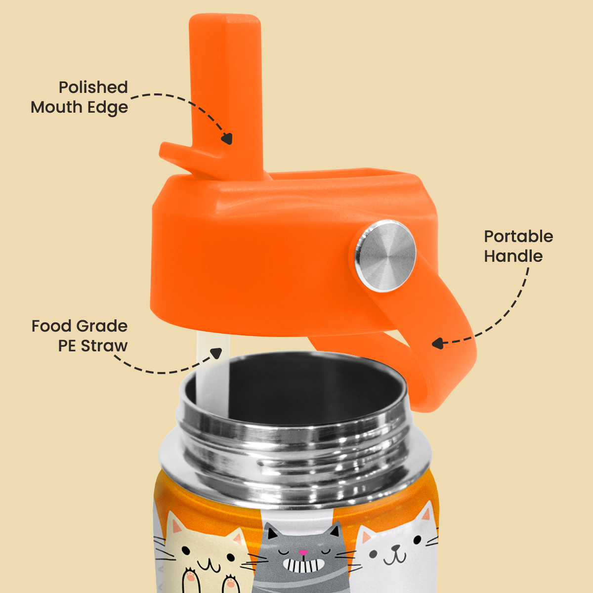 Orange Cat SipKid | Kids Stainless Steel Straw Lid Water Bottle 12oz