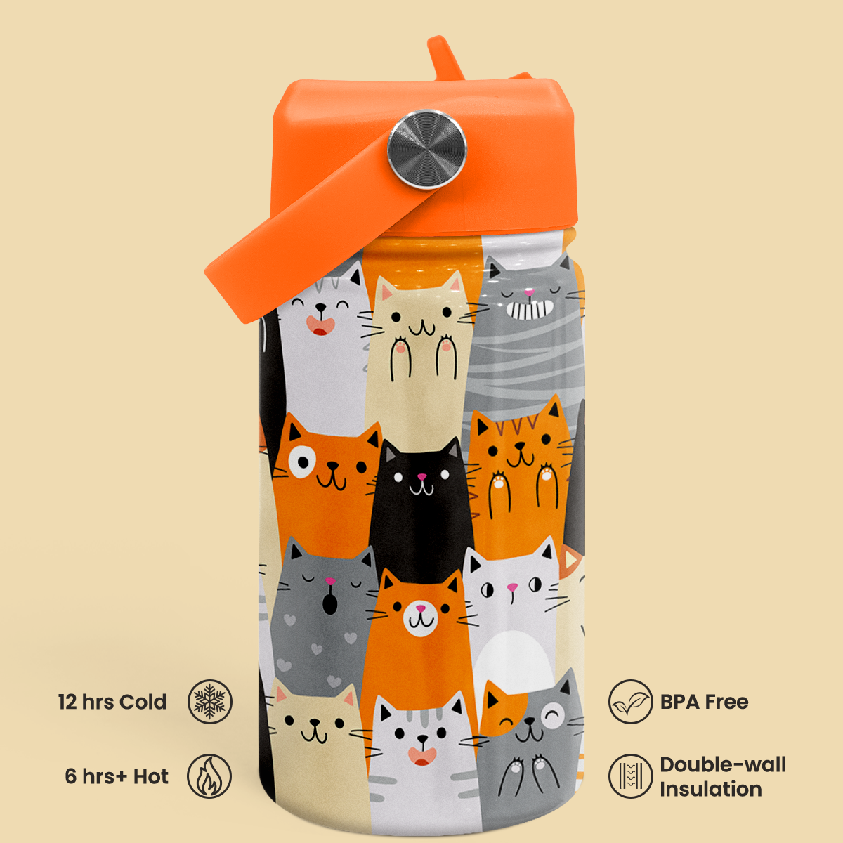 Orange Cat SipKid | Kids Stainless Steel Straw Lid Water Bottle 12oz