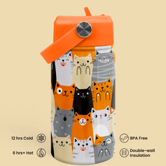 Cat Water Bottle - Kids Water Bottle with Straw Lid - 12 Oz Insulated Stainless Steel Water Bottles for Toddlers Kid Boys Girl - Travel Cup for School Sports