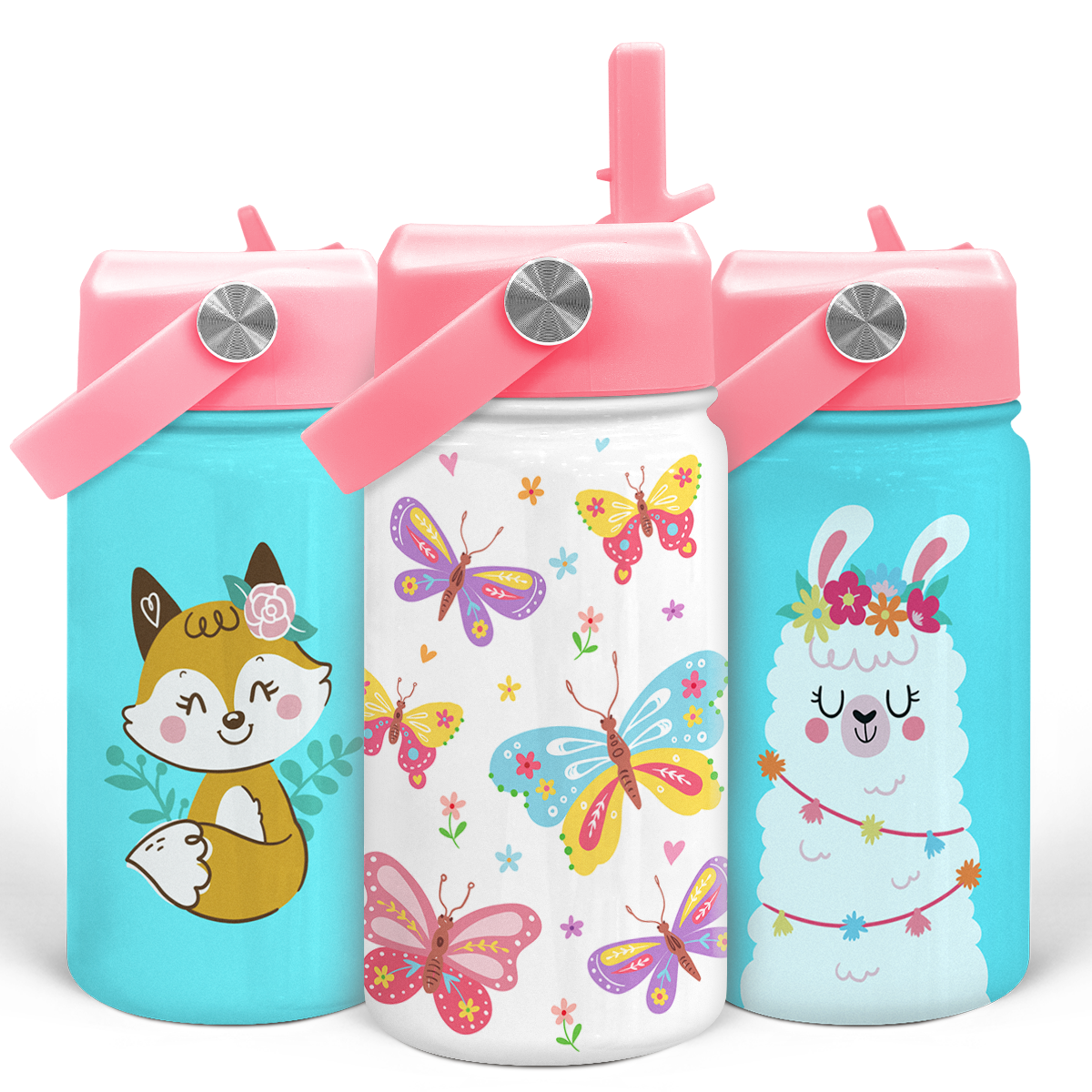 Three 12 oz insulated stainless steel water bottles for kids, each with a colorful animal design and a straw lid.
