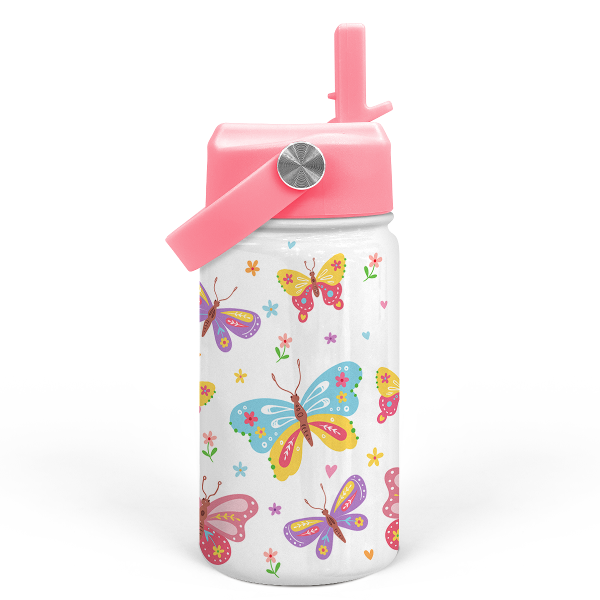 White Butterfly SipKid | Kids Stainless Steel Straw Lid Water Bottle 12oz
