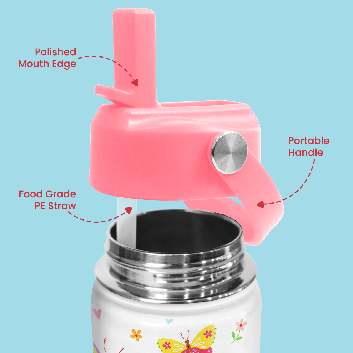 White Butterfly SipKid | Kids Stainless Steel Straw Lid Water Bottle 12oz