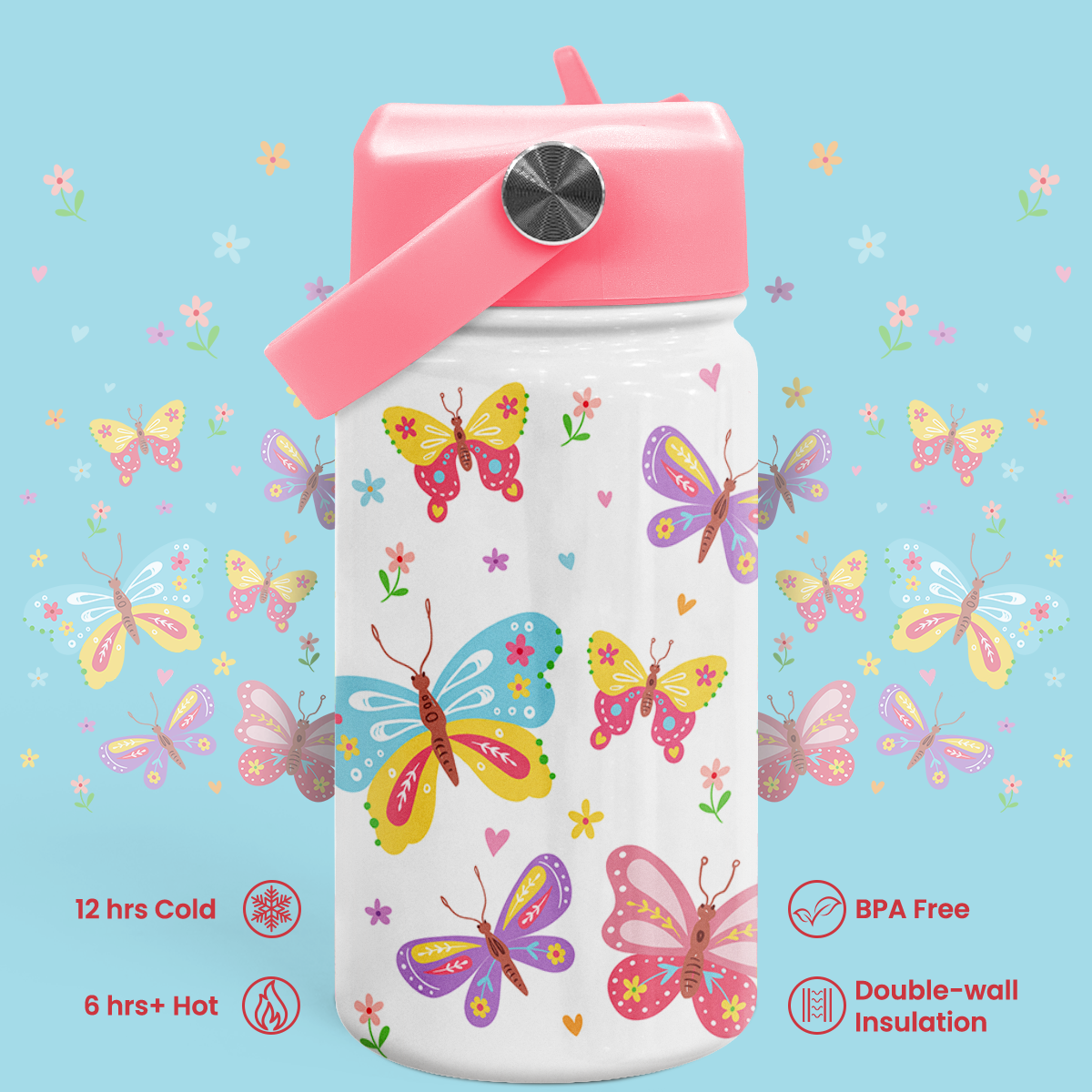 White Butterfly SipKid | Kids Stainless Steel Straw Lid Water Bottle 12oz